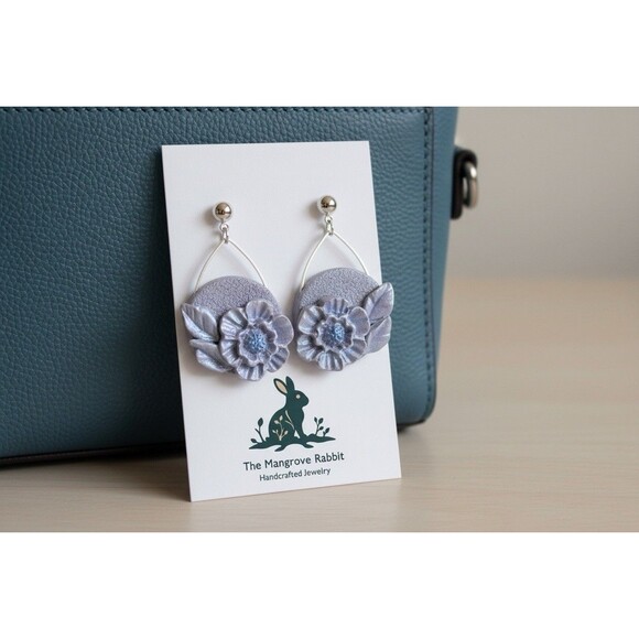 Handmade Jewelry - Handmade Lavender Floral Polymer Clay Flower Dangle Earrings Stainless Steel